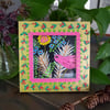 Quirky bird art, pink bird and flowers painting, decorated picture frame