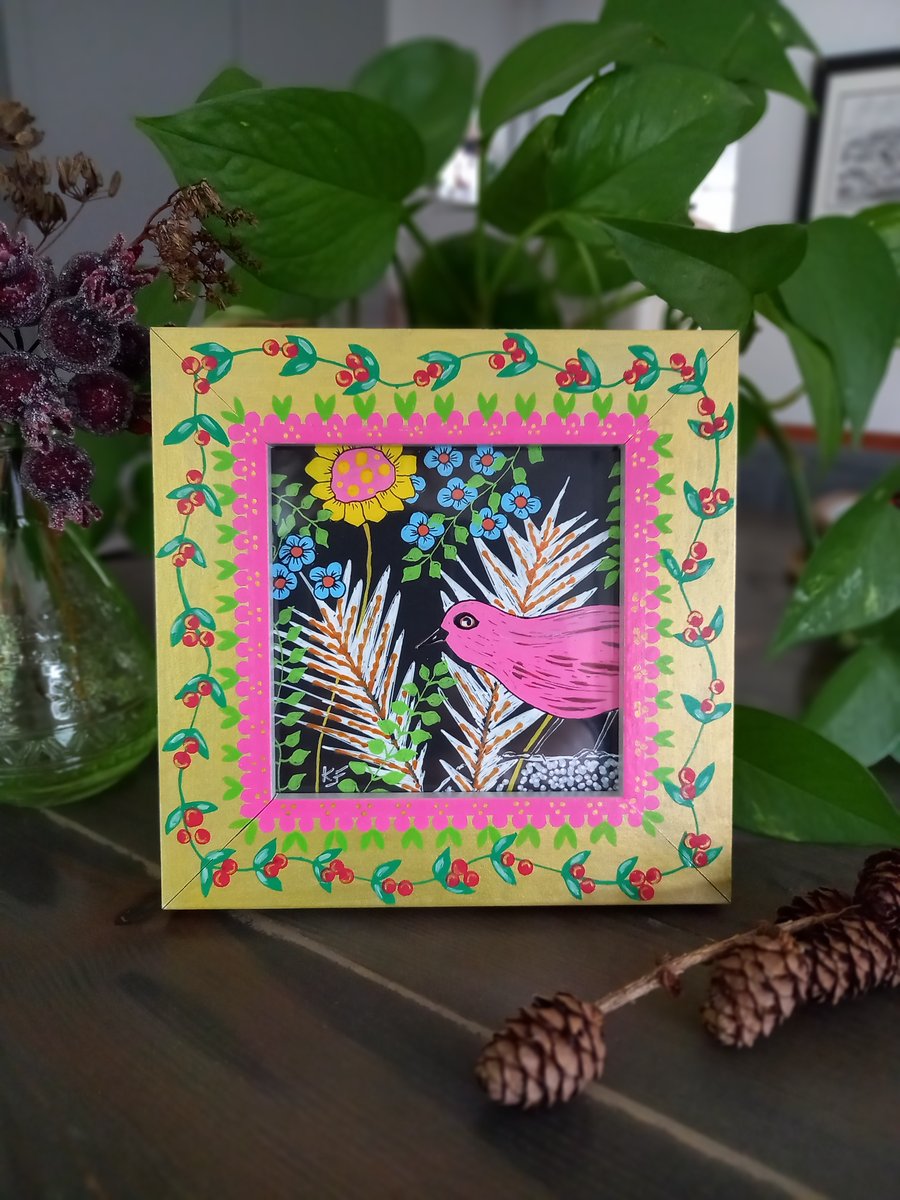 Quirky bird art, pink bird and flowers painting, decorated picture frame