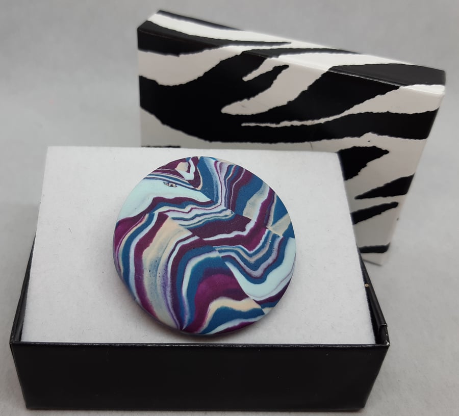 Damson and teal polymer clay brooch