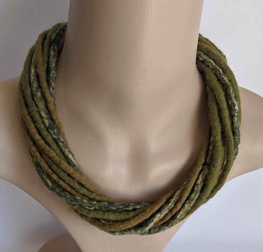 The Twist: felted cord necklace in shades of olive