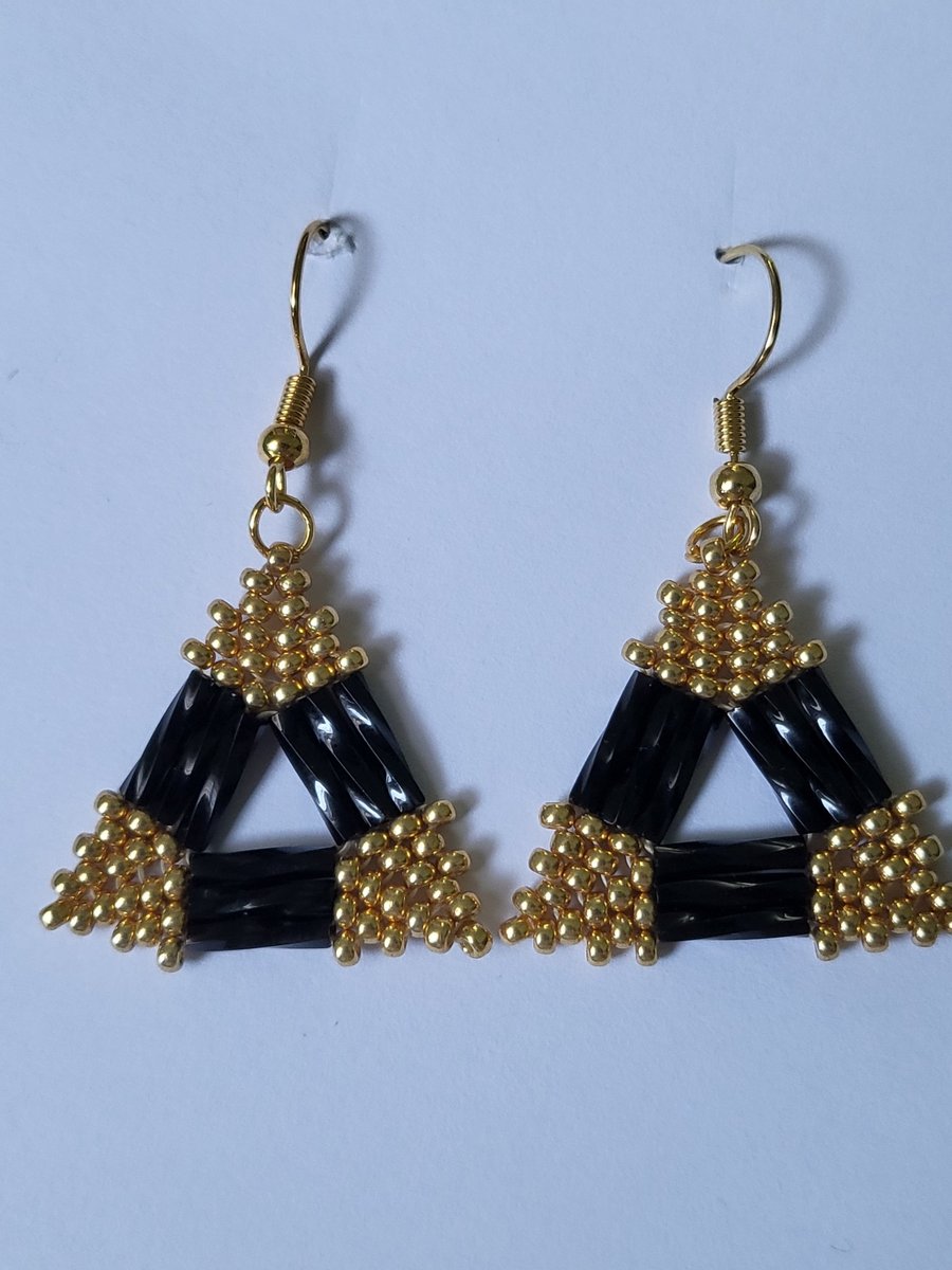 Black Gold Geometric Earrings Handmade Beaded Dangle Statement Boho