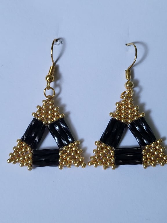 Black Gold Geometric Earrings Handmade Beaded Dangle Statement Boho