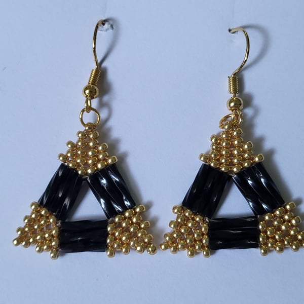 Black Gold Geometric Earrings Handmade Beaded Dangle Statement Boho