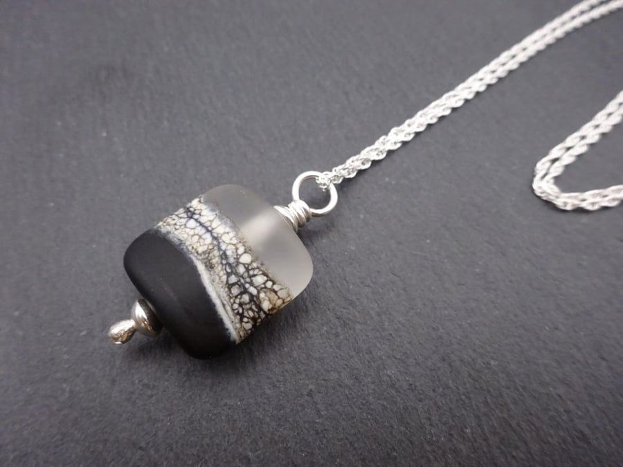 lampwork glass pendant necklace, sterling silver chain jewellery, black beach