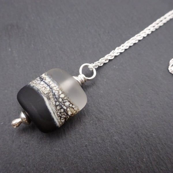 lampwork glass pendant necklace, sterling silver chain jewellery, black beach