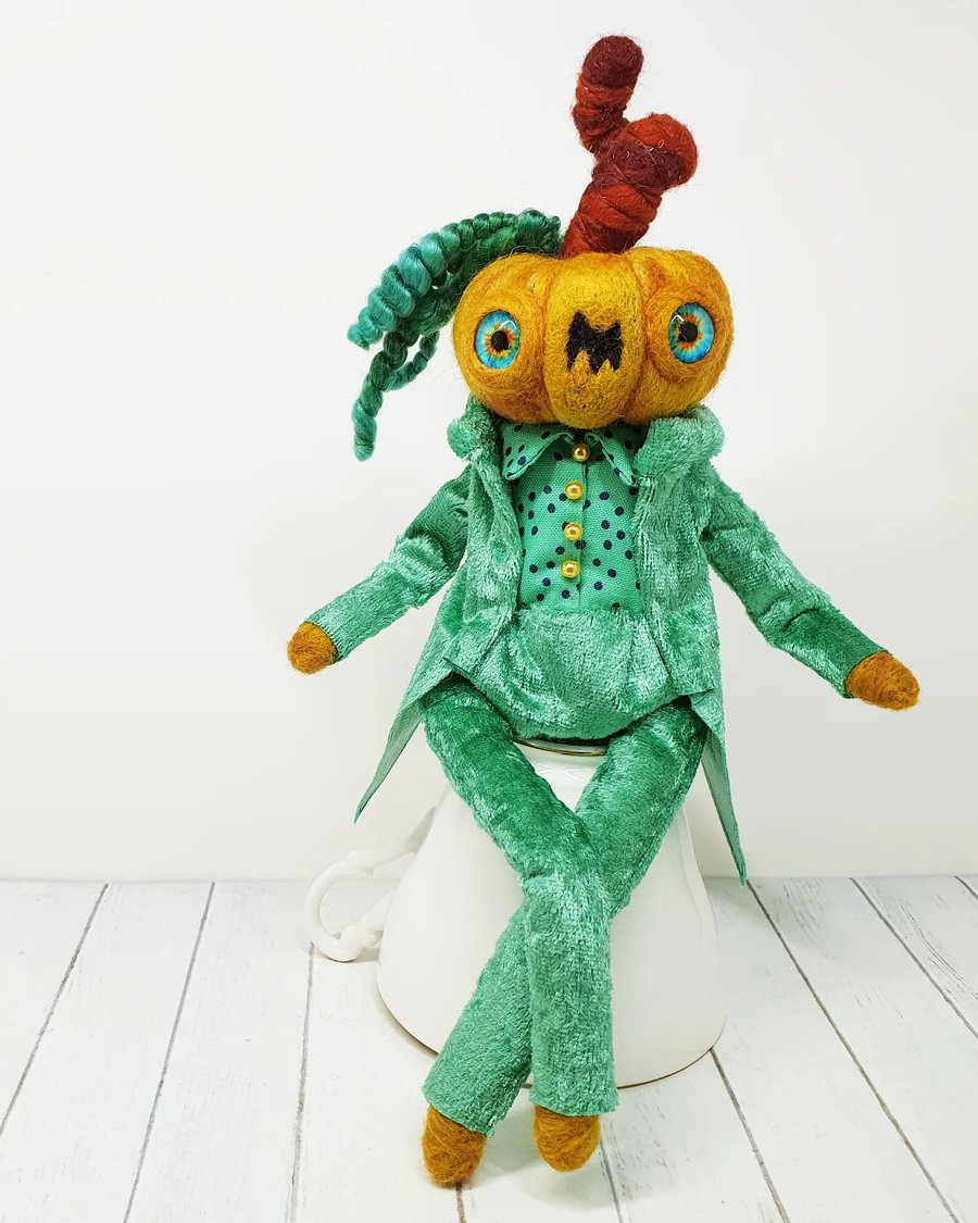 Yellow Needlefelted Pumpkin Art Doll in Green