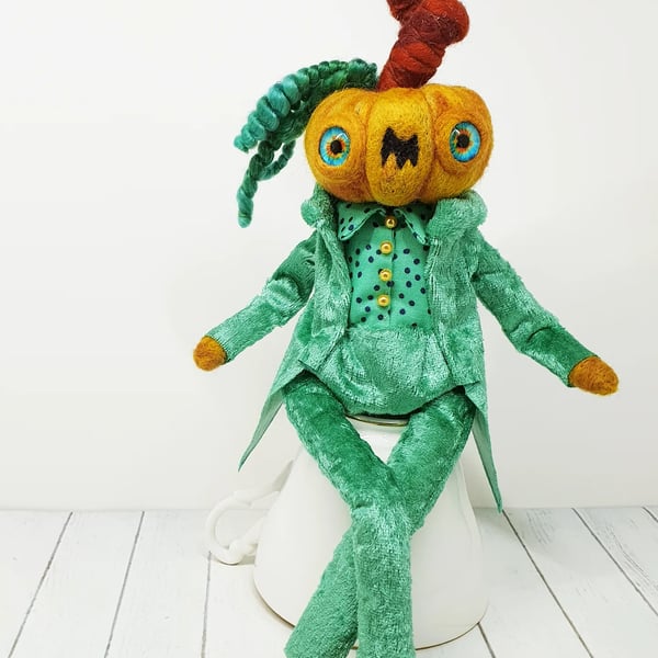 Yellow Needlefelted Pumpkin Art Doll in Green