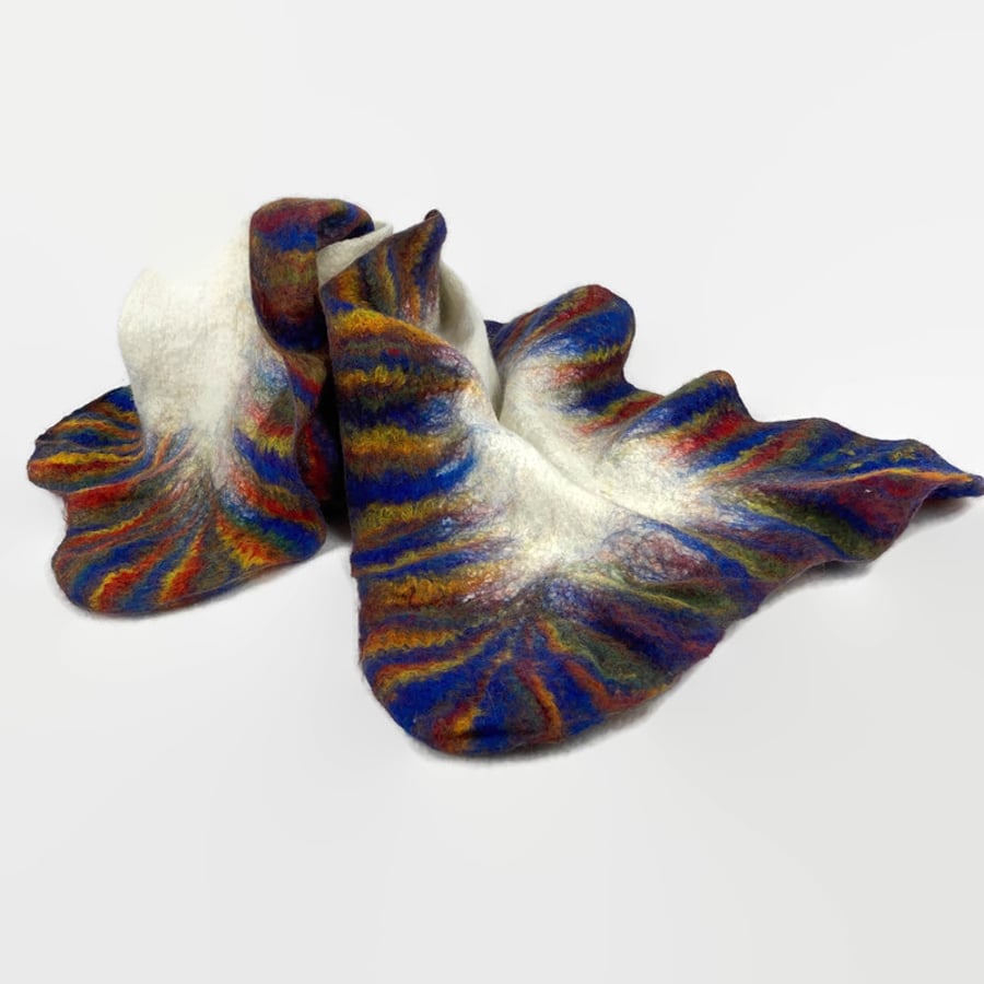 Nuno felted merino wool on silk scarf, white with rainbow ruffled border