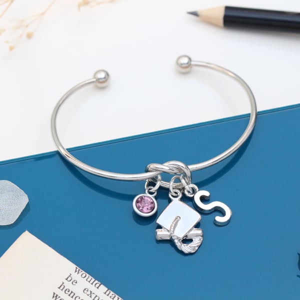 Graduation Cap Silver Cuff Personalised Bracelet - Congratulations gift, 