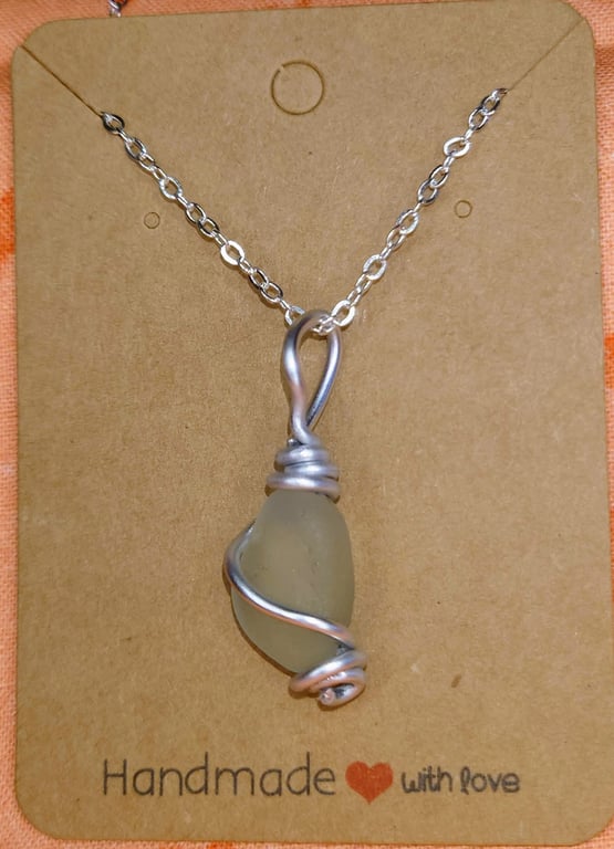 Pale Sage Green Seaglass Pendant Necklace - Wire Wrapped Ocean Jewellery