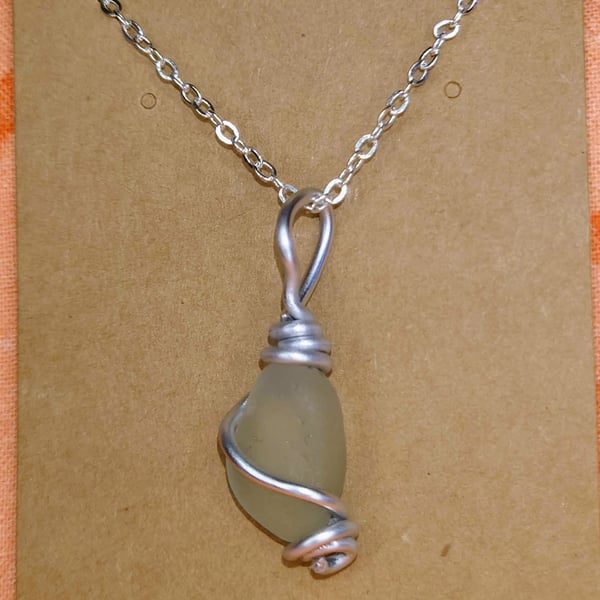 Pale Sage Green Seaglass Pendant Necklace - Wire Wrapped Ocean Jewellery