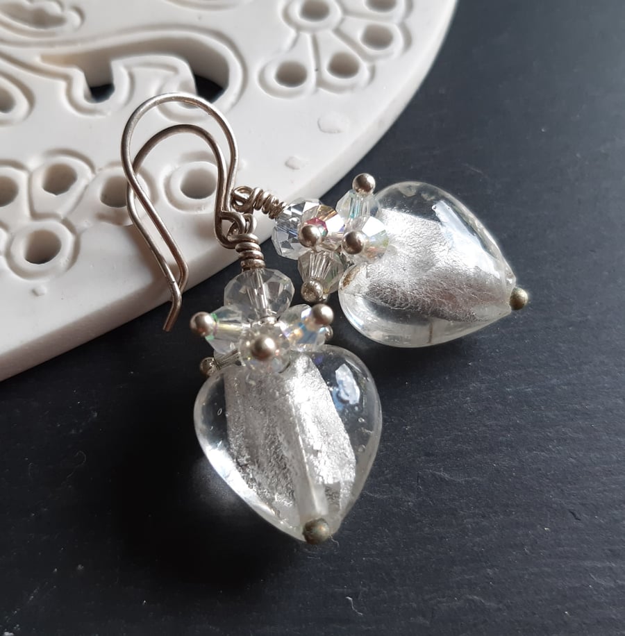 Silver lined glass heart crystal cluster earrings