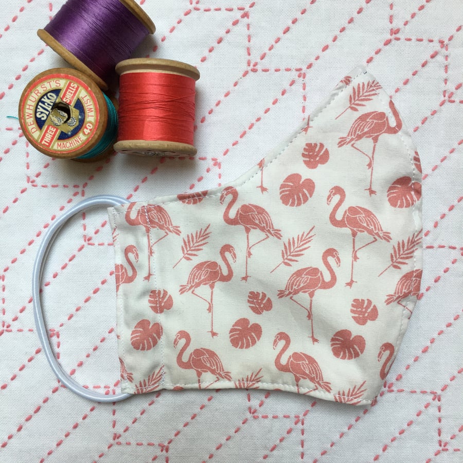 SALE White & Pale Pink Flamingo Cotton Face Mask Covering Adult Child Reusable