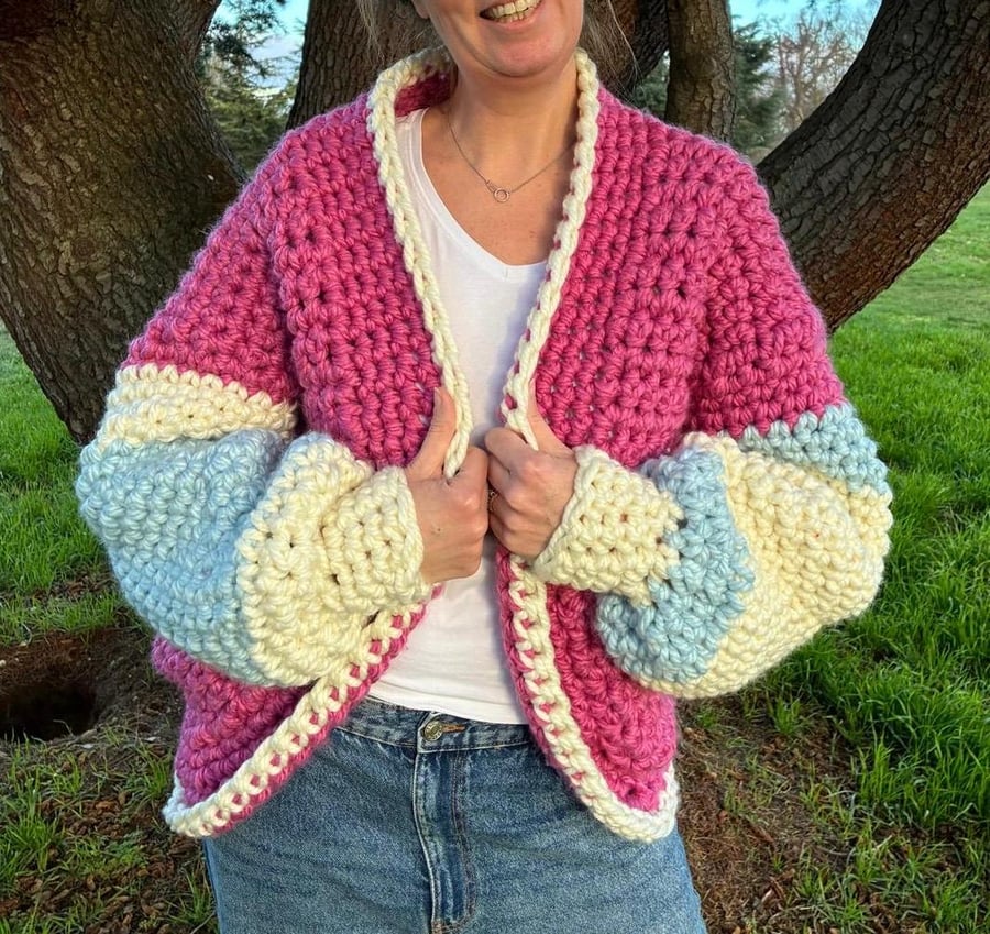Handmade Crochet Chunky Cardigan with Balloon Sleeves Large