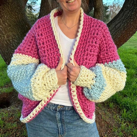 Handmade Crochet Chunky Cardigan with Balloon Sleeves Large