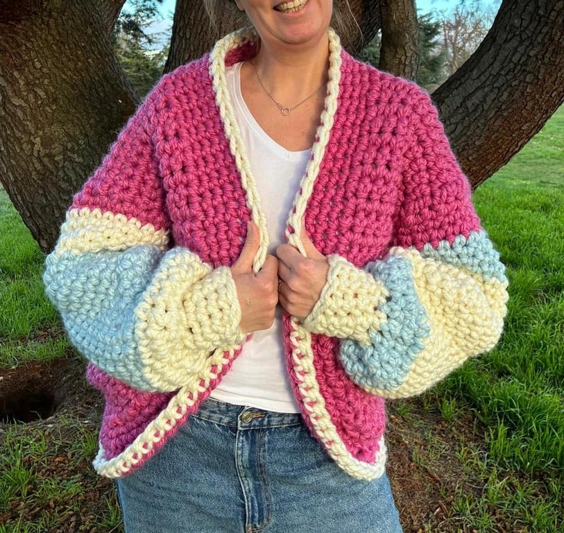 Handmade Crochet Chunky Cardigan with Balloon Sleeves Large
