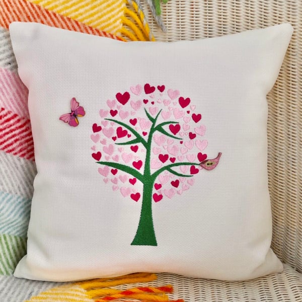 Heart Tree: Embroidered Feature Cushion, Throw Pillow, Decorative Cushion