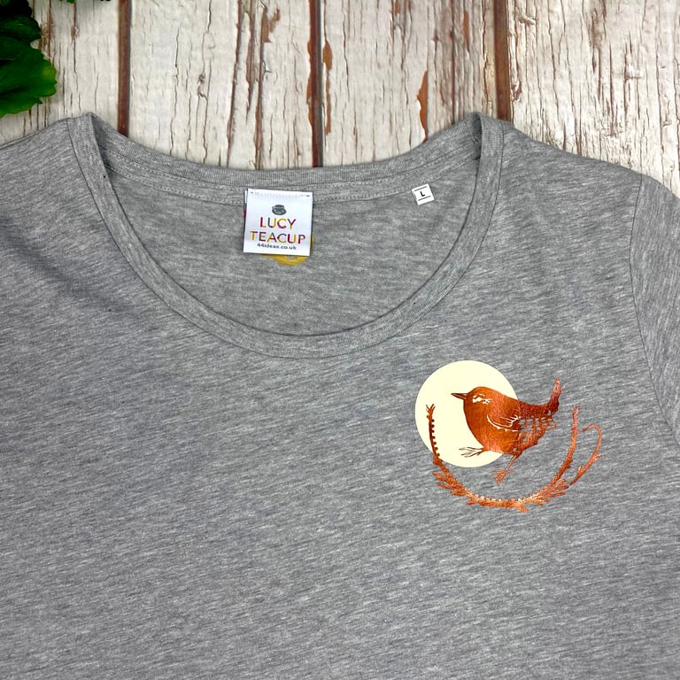 Organic cotton Wren T-Shirt. Woman's Heather Grey bird top