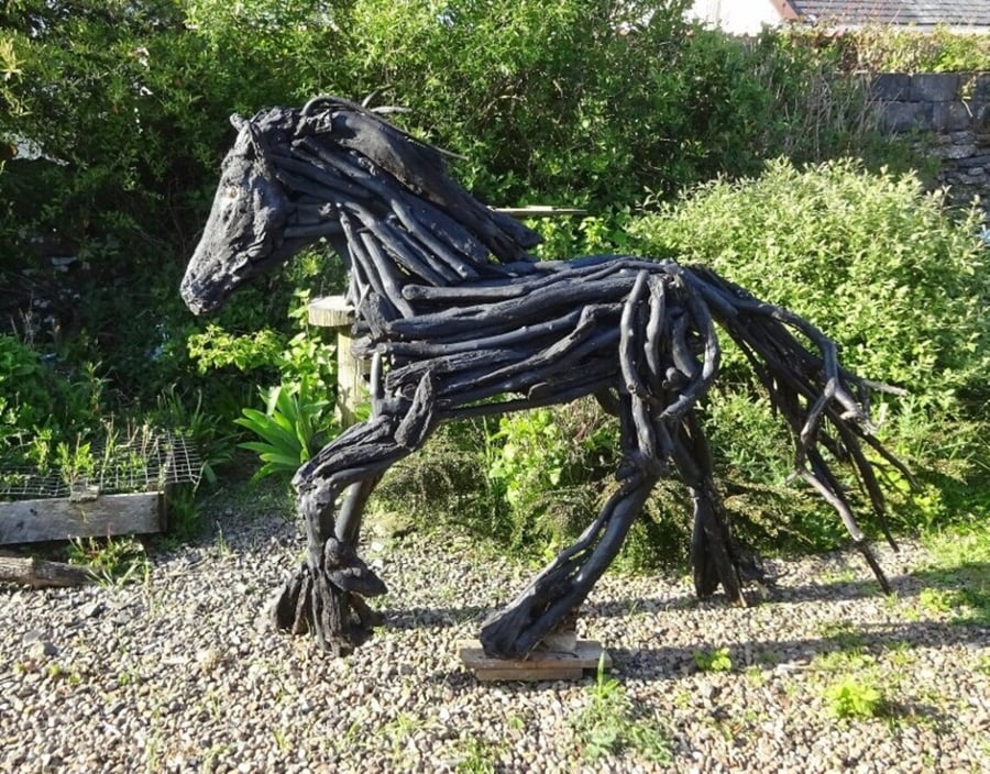 Black Horse Pony Driftwood Garden Sculpture