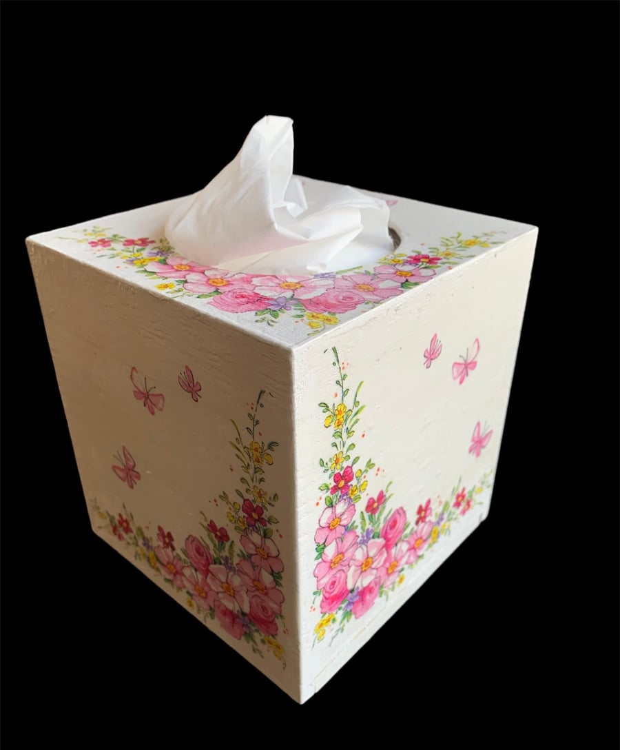 Tissue box cover, hand painted and decorated with decoupaged floral design