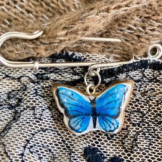 Blue Butterfly Charm Kilt Pin Brooch Handcrafted Jewellery Gifts For Her