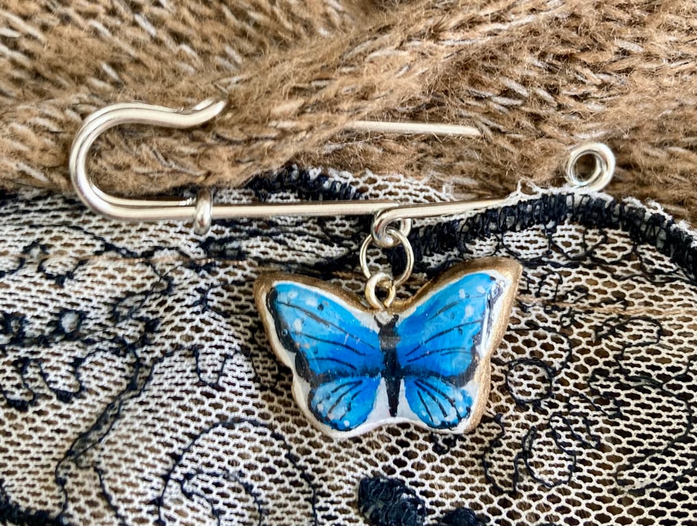 Blue Springt Butterfly Charm Kilt Pin Brooch Handcrafted Hand Painted Jewellery 