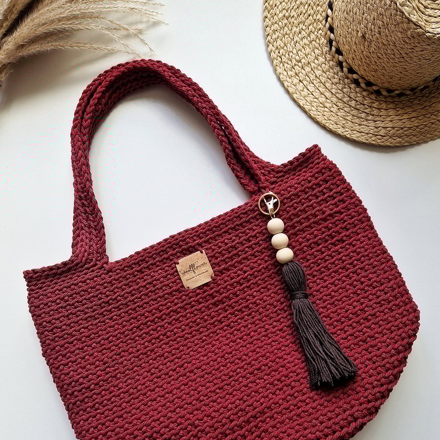 Crochet Shoulder Tote Bag in Raspberry Red