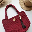 Crochet Shoulder Tote Bag in Raspberry Red