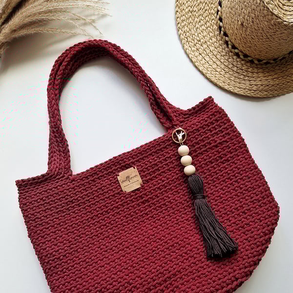 Crochet Shoulder Tote Bag in Raspberry Red