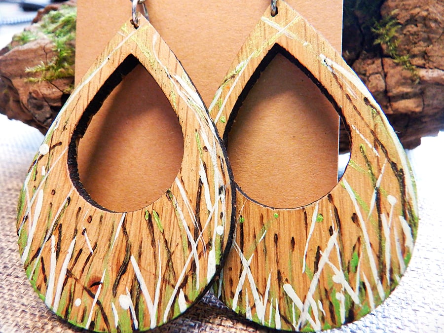 Wooden Pyrography Hand Painted Hoop Earrings