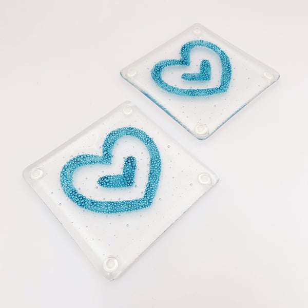 Boxed Set of 2 Fused Glass Coasters - Bubbly Double Heart