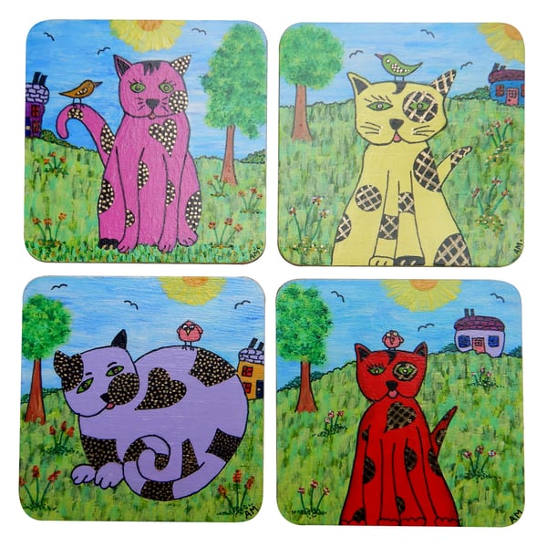 Handmade Unique Wooden Coaster Set of 4 'Cats'.