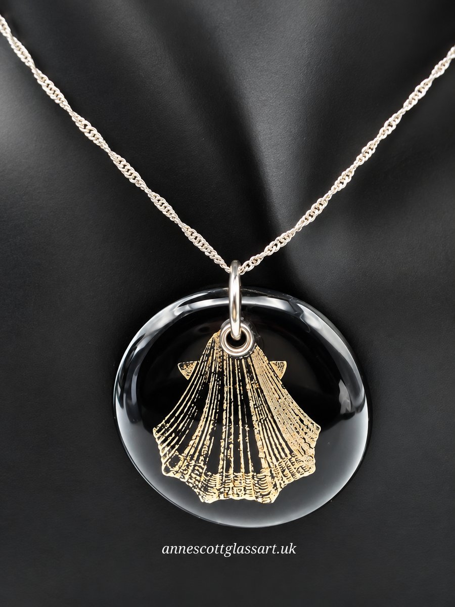 Small Scallop Seashell Fused Glass Pendant with Real Platinum Lustre Motif