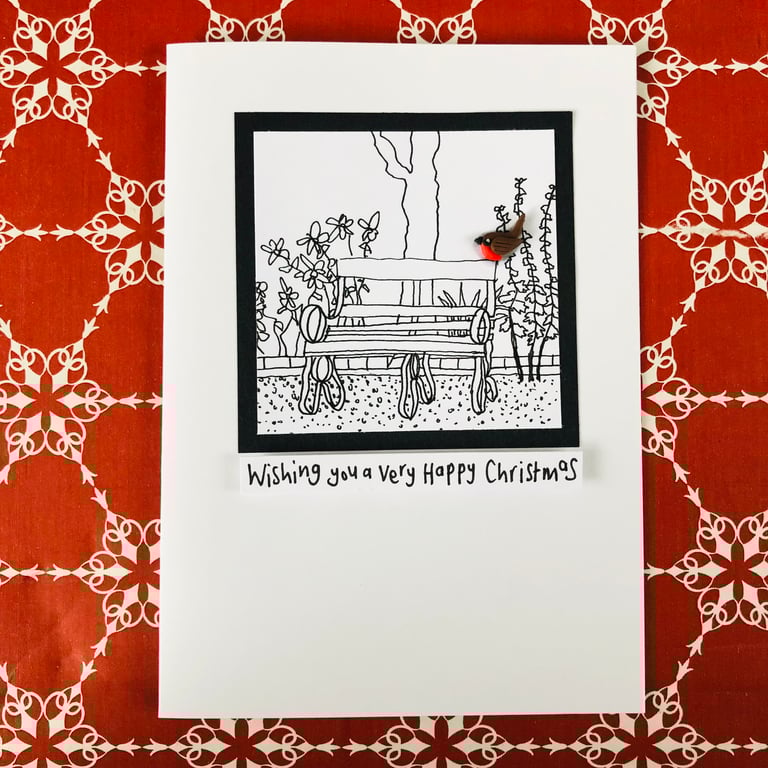 Robin on a garden bench, Wishing you a very Happy Christmas Card design