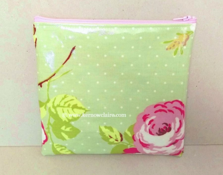 SALE - Make up bag in pale green oilcloth with pink flowers,