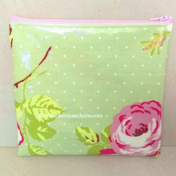 SALE - Make up bag in pale green oilcloth with pink flowers,