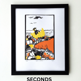 SECONDS Imperfect Handprinted Books Linocut Reading Sea Linoprint