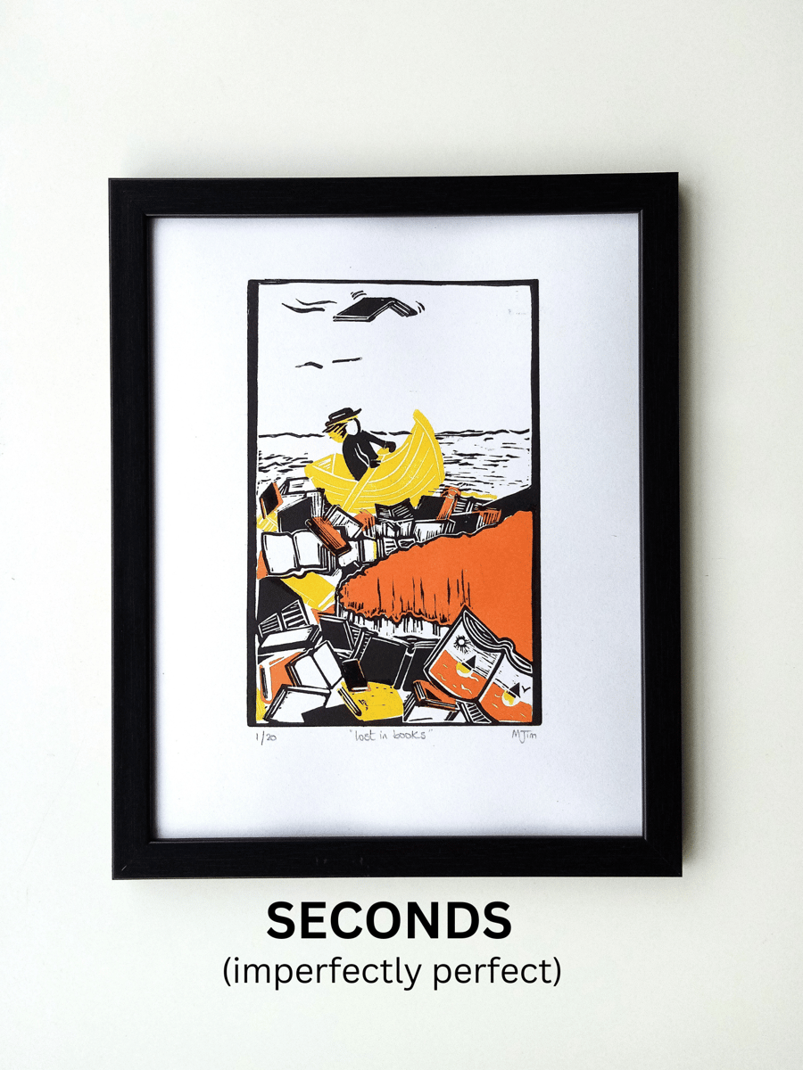 SECONDS Imperfect Handprinted Books Linocut Reading Sea Linoprint