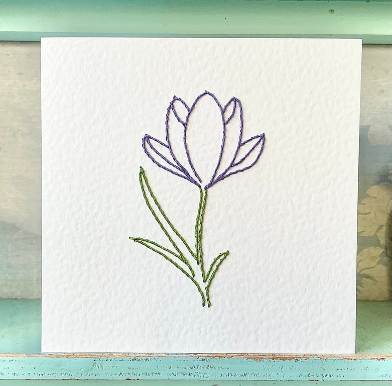 Hand Stitched Crocus Card. Blank Card. Mothers Day Card. Birthday Card. Crocus.