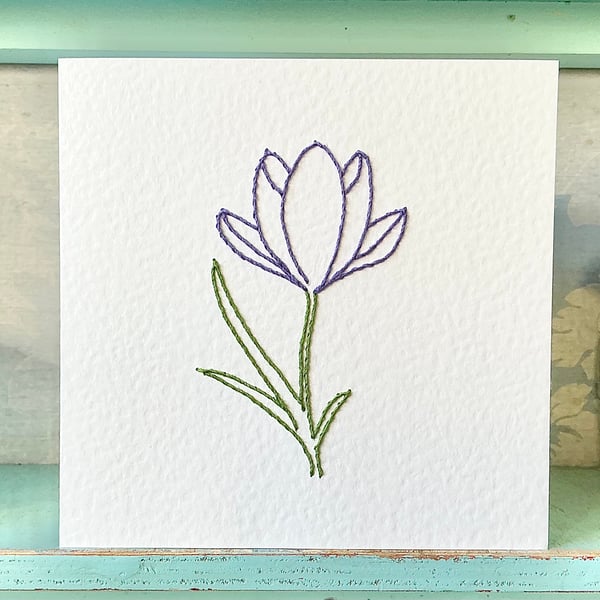 Hand Stitched Crocus Card. Blank Card. Mothers Day Card. Birthday Card. Crocus.