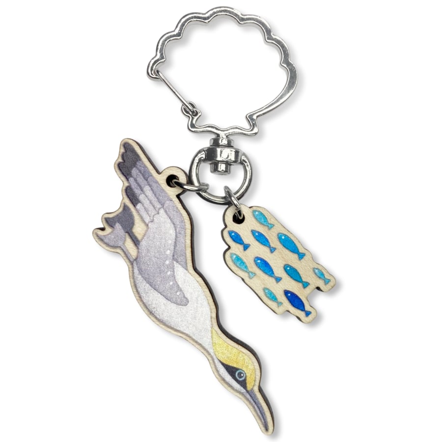 Diving Gannet Keyring - Wooden Key Fob with Fish - Maple Wood Seaside Key Chain
