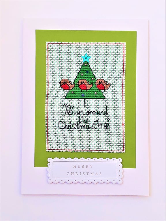 Christmas Robin Cross Stitch card with "Merry Christmas" wording