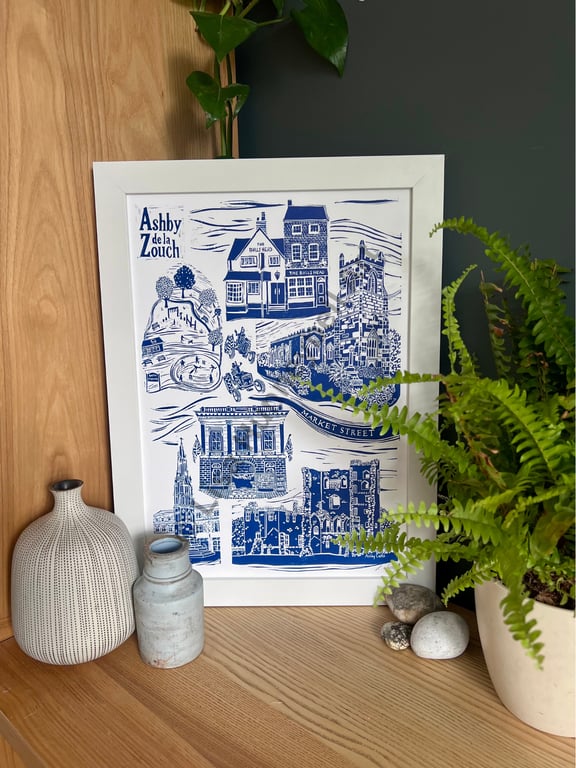 Ashby de la Zouch Original Lino Print in Blue