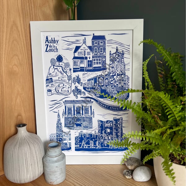 Ashby de la Zouch Original Lino Print in Blue