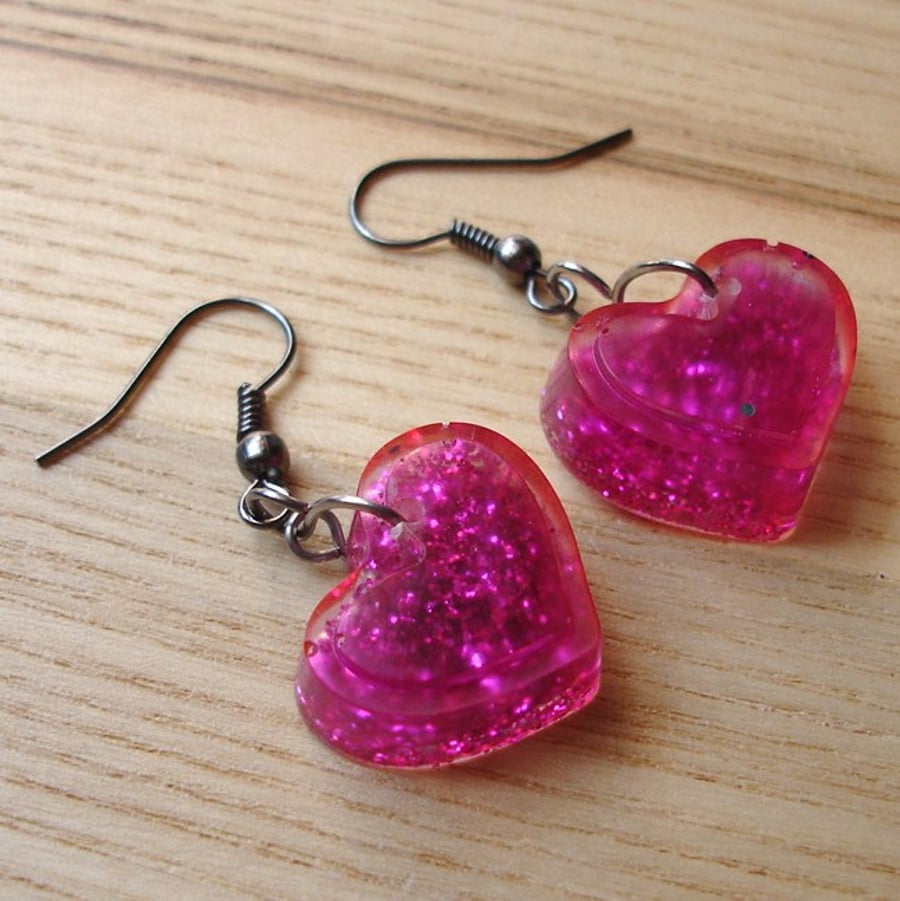 Pink Sparkle Resin Heart Earrings