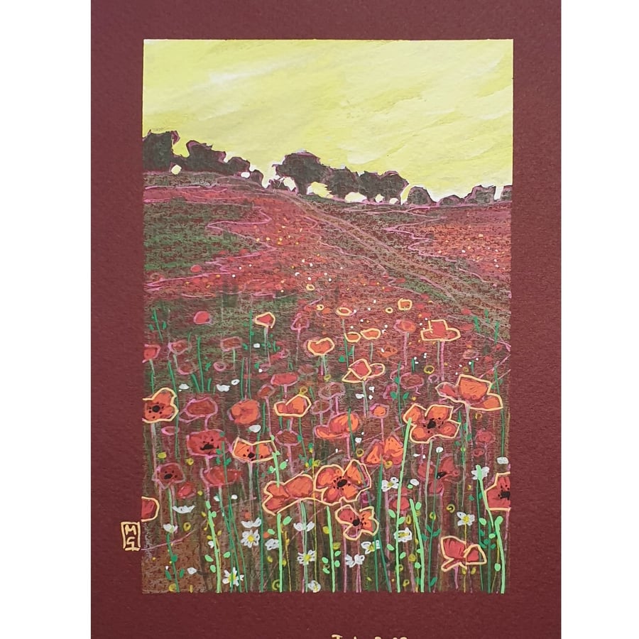 Poppy Field small original wall art, original drawing, landscape artwork