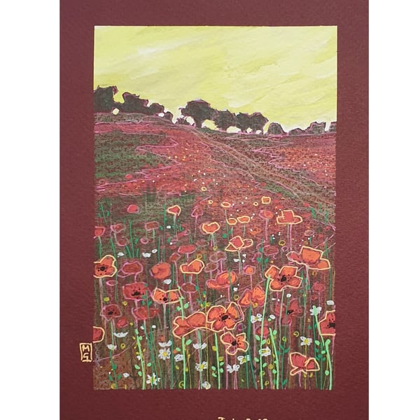 Poppy Field small original wall art, original drawing, landscape artwork
