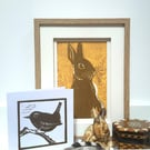 Linocut 'wildlife Bundle' Rabbit print and two wren gift cards