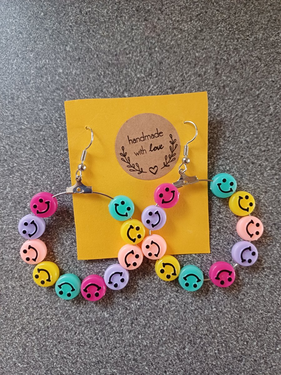 Smiley face rainbow dangly earrings, colourful fun earrings, gift idea, earrings