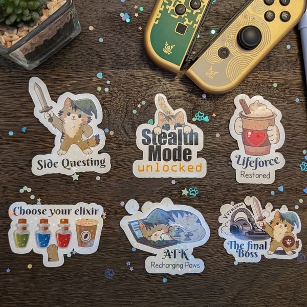 Holographic Cosy gaming Cat Stickers for Laptop, Planner, Water Bottle decals